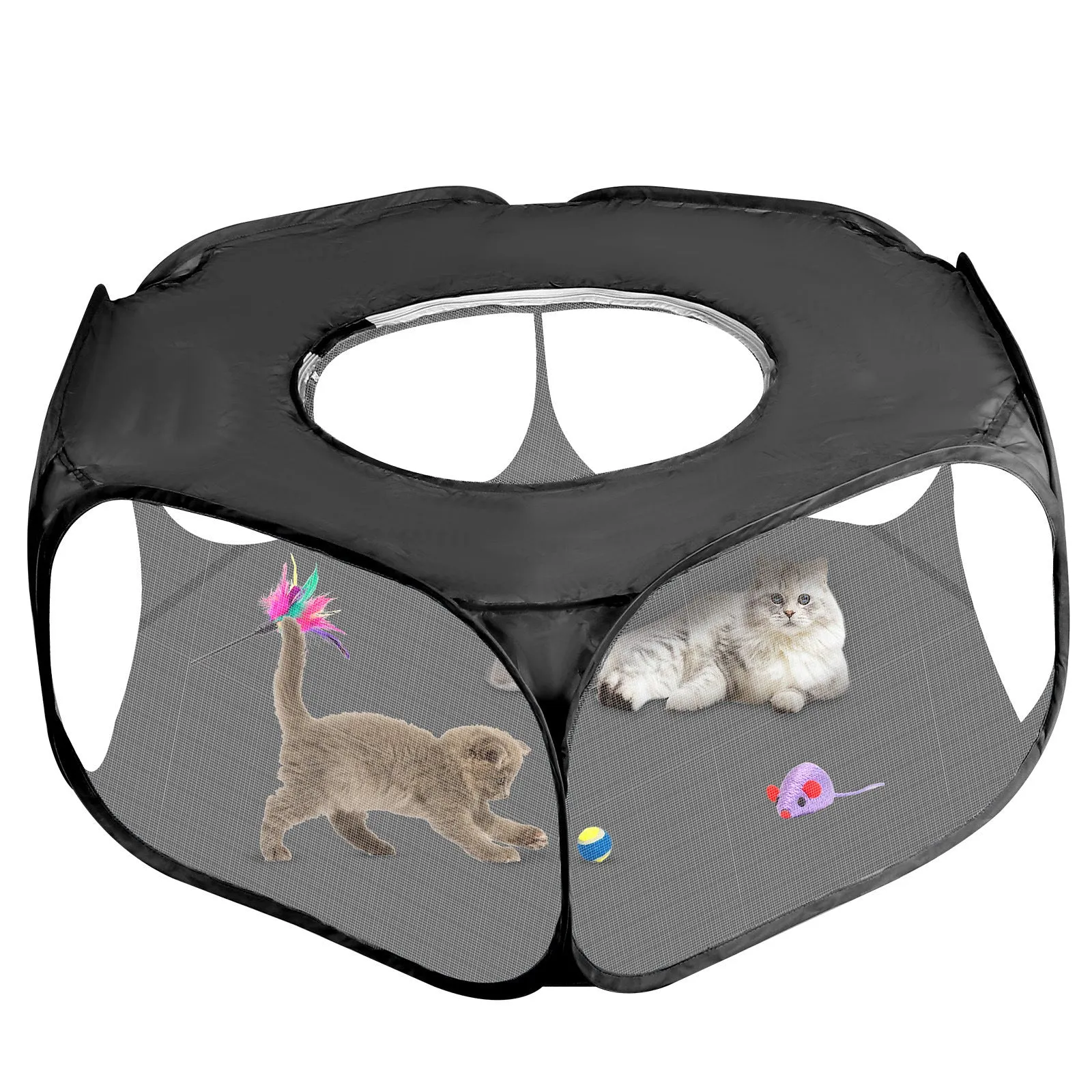 Foldable minipet fence in black and sky blue polyester fibre for indoor and outdoor dog exercise