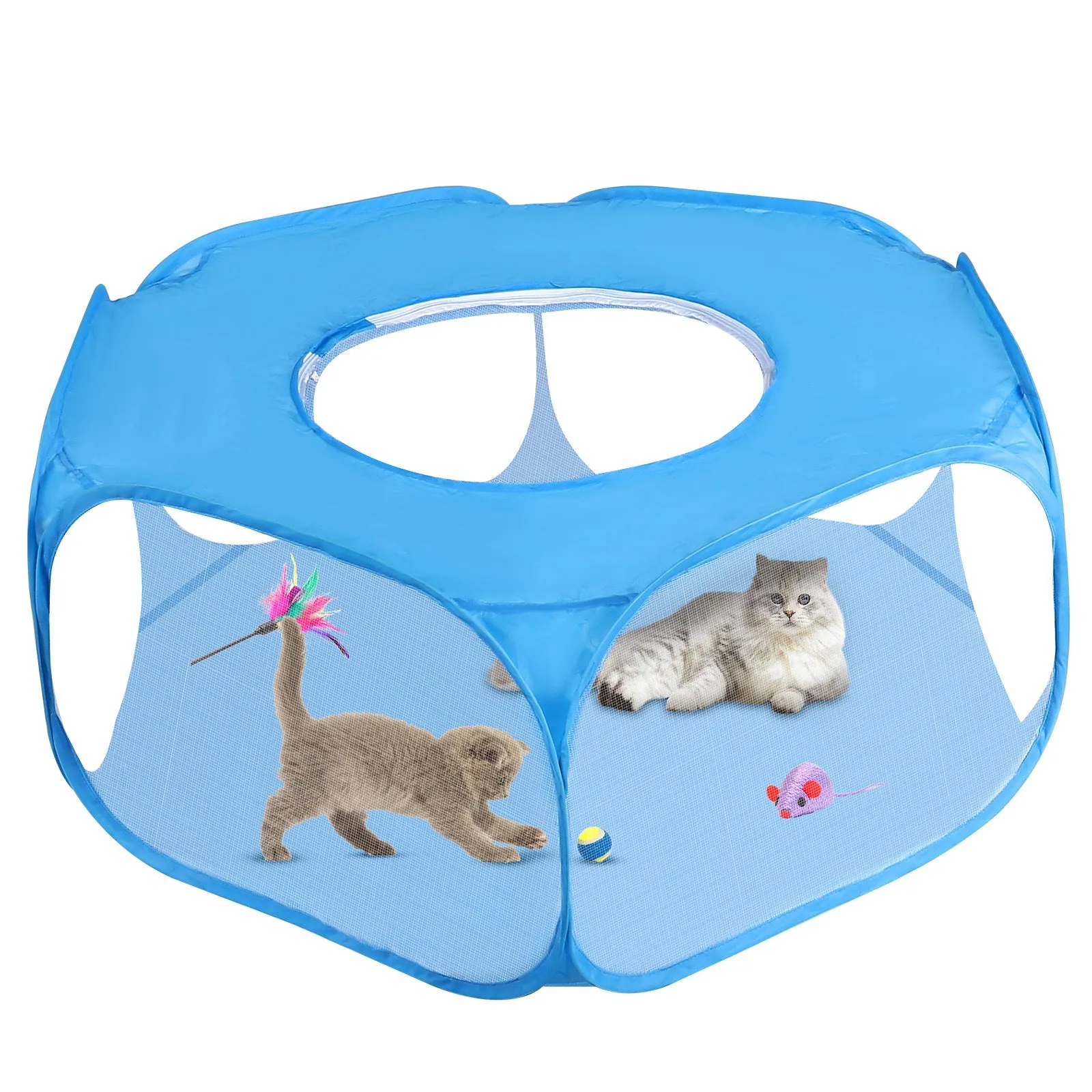 Foldable minipet fence in black and sky blue polyester fibre for indoor and outdoor dog exercise