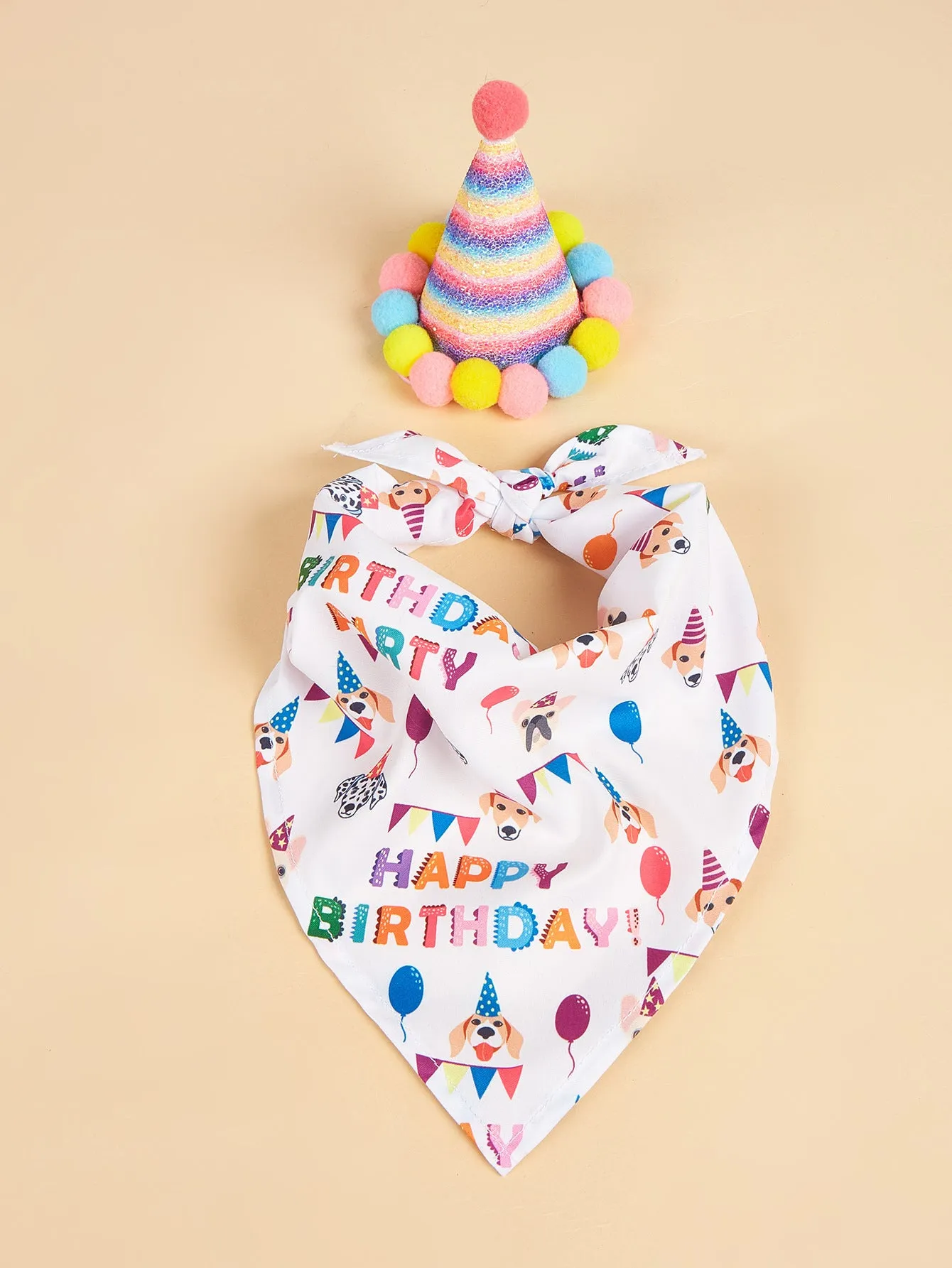 Printed polyester dog birthday hat and drool towel set in blue with creative triangular binder design