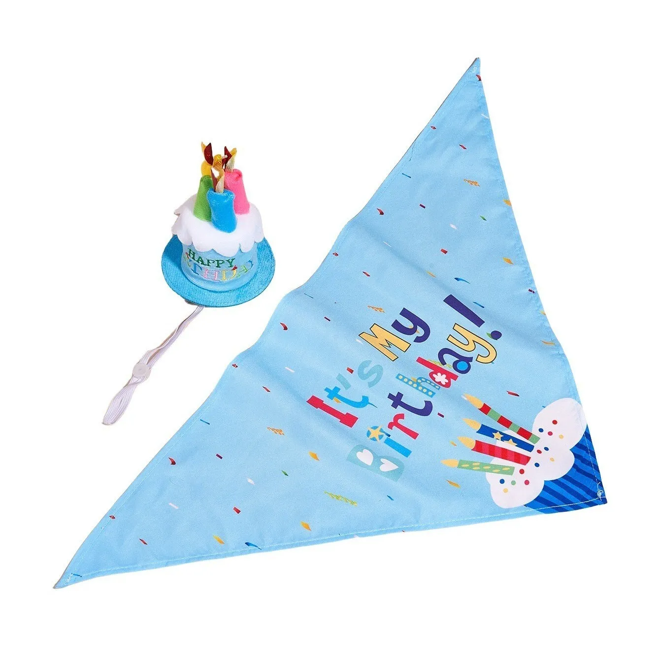 Printed polyester dog birthday hat and drool towel set in blue with creative triangular binder design