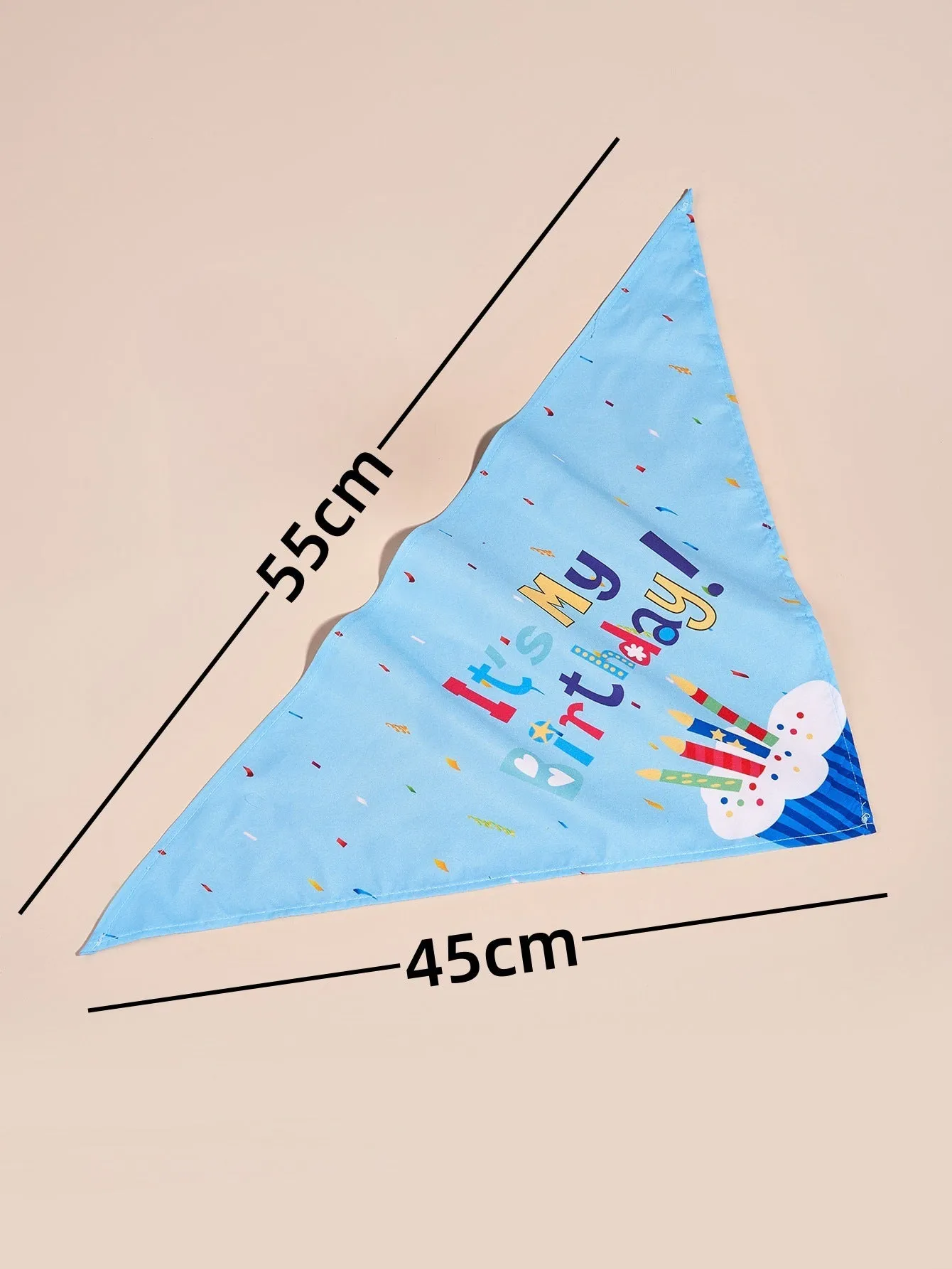Printed polyester dog birthday hat and drool towel set in blue with creative triangular binder design