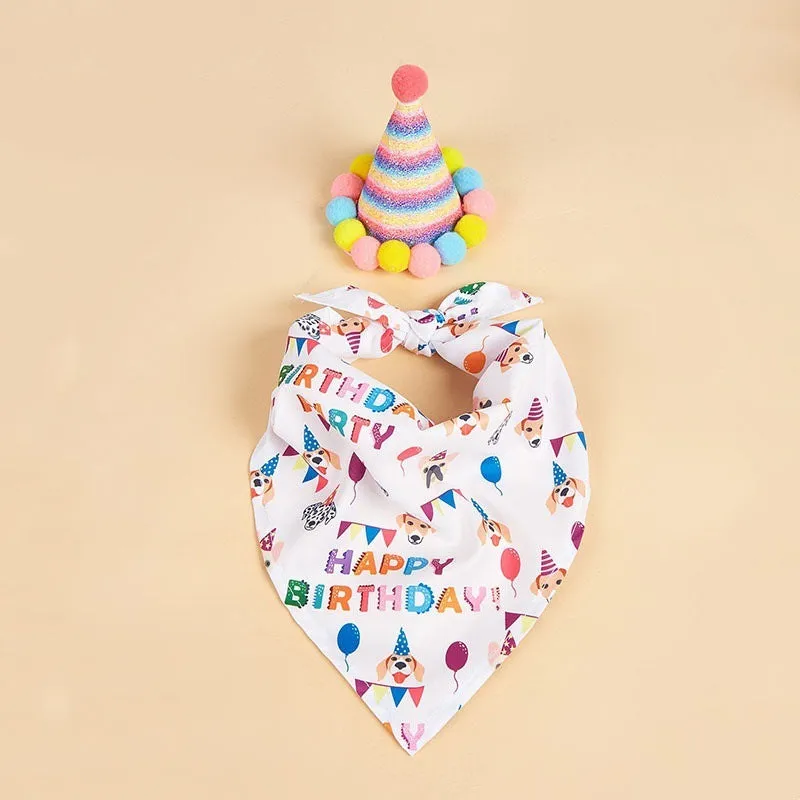 Printed polyester dog birthday hat and drool towel set in blue with creative triangular binder design