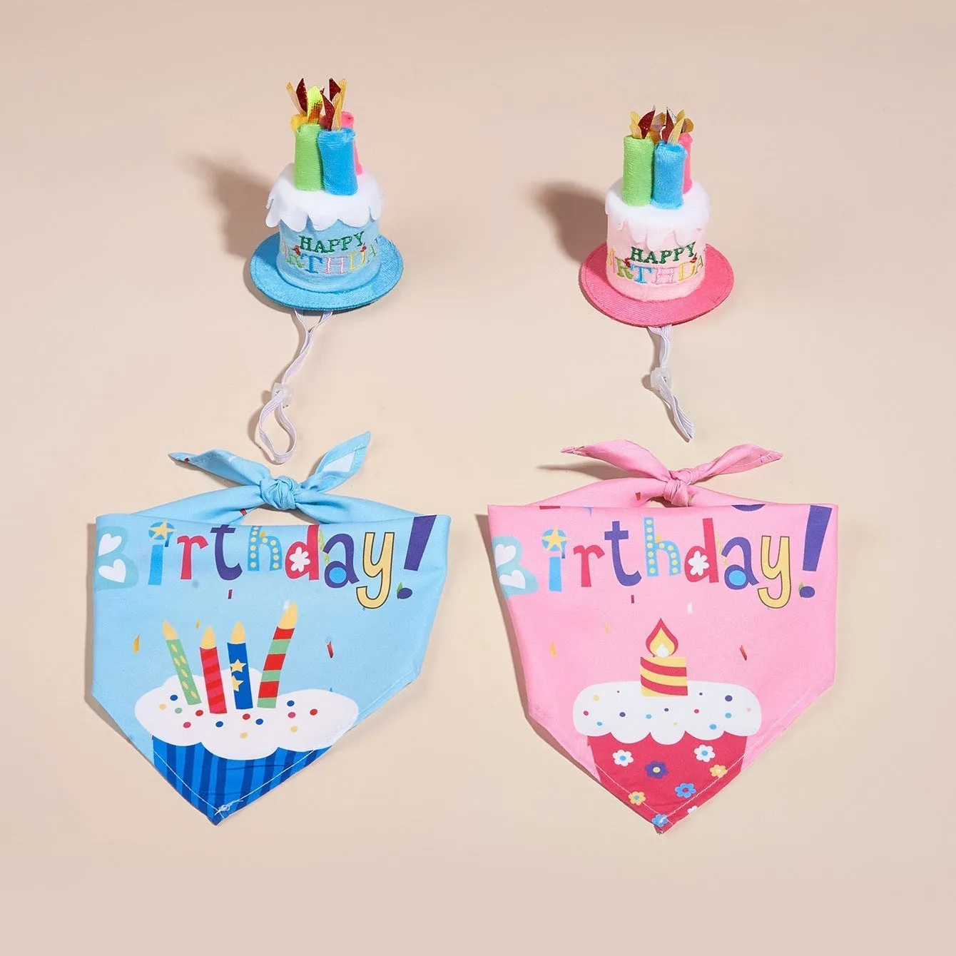 Printed polyester dog birthday hat and drool towel set in blue with creative triangular binder design