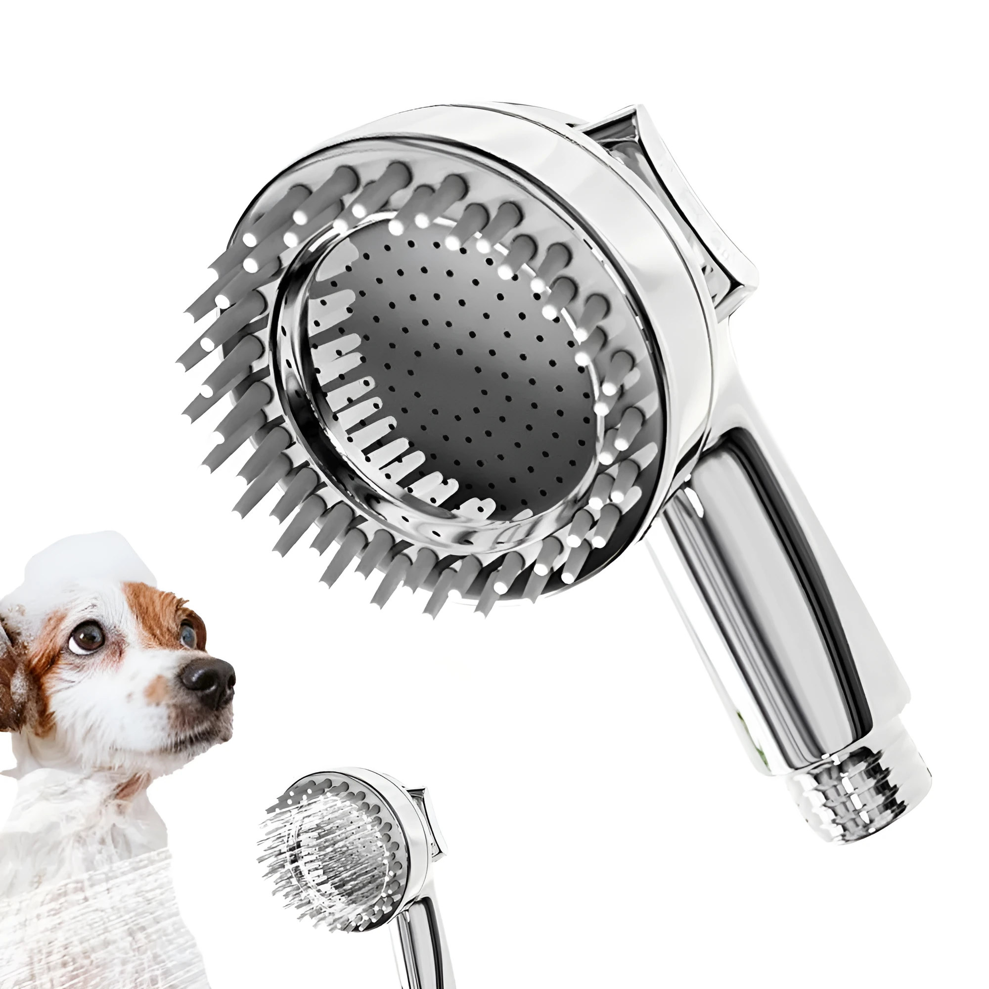 Silver dog shower attachment with soft silicone comb teeth and ergonomic grip on a white background