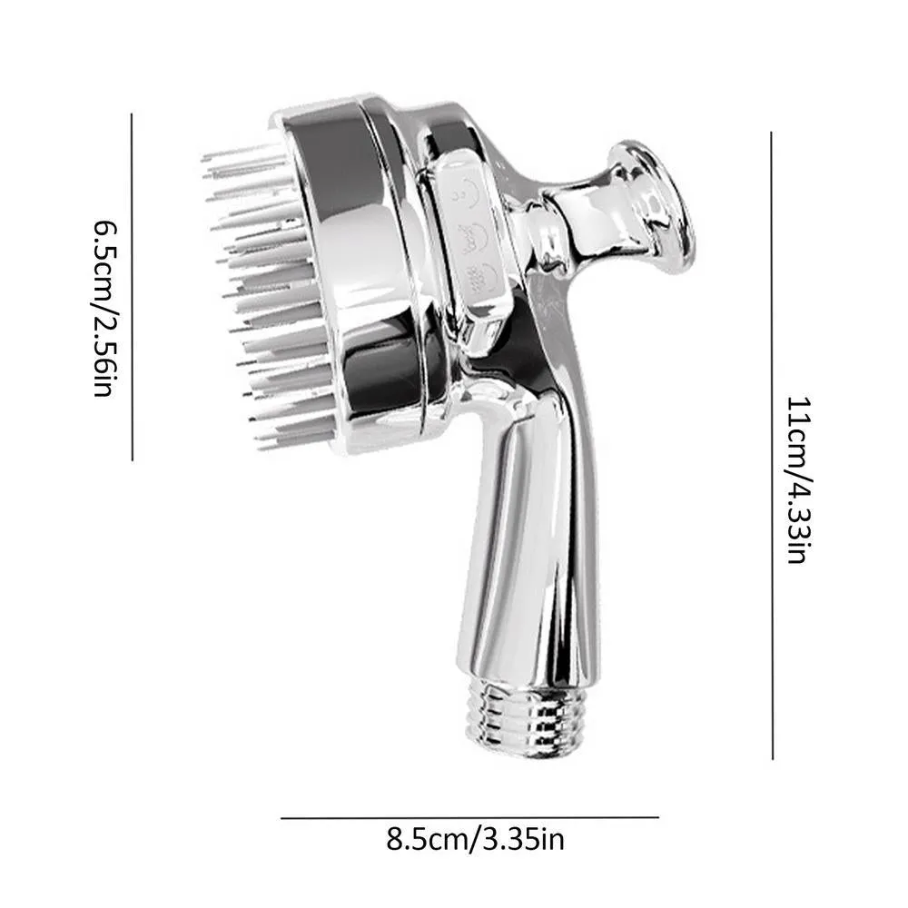 Silver dog shower attachment with soft silicone comb teeth and ergonomic grip on a white background