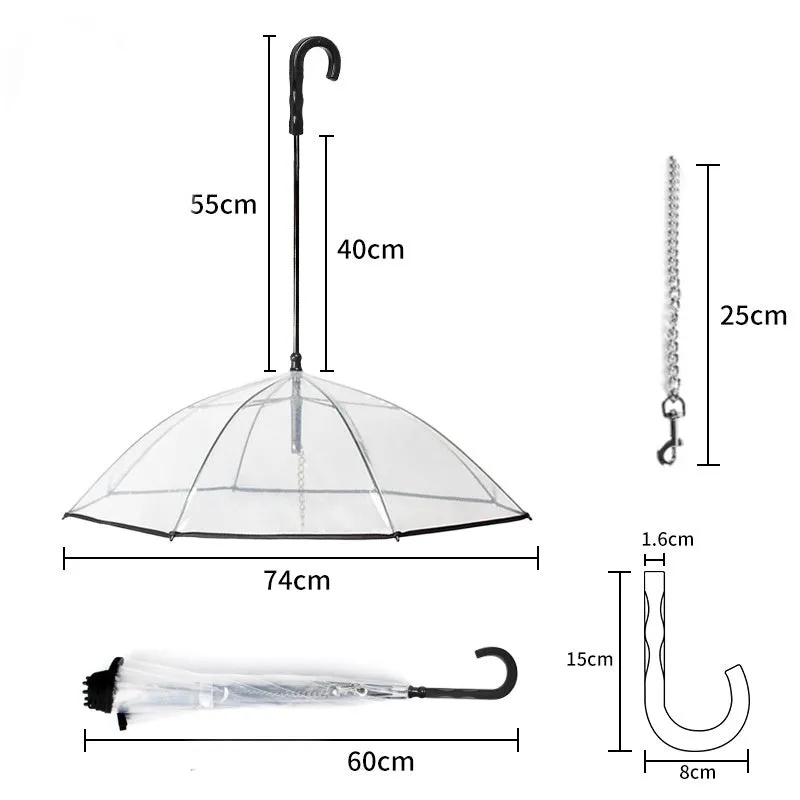 Transparent dog umbrella with traction chain removable on small dog for rainy walk
