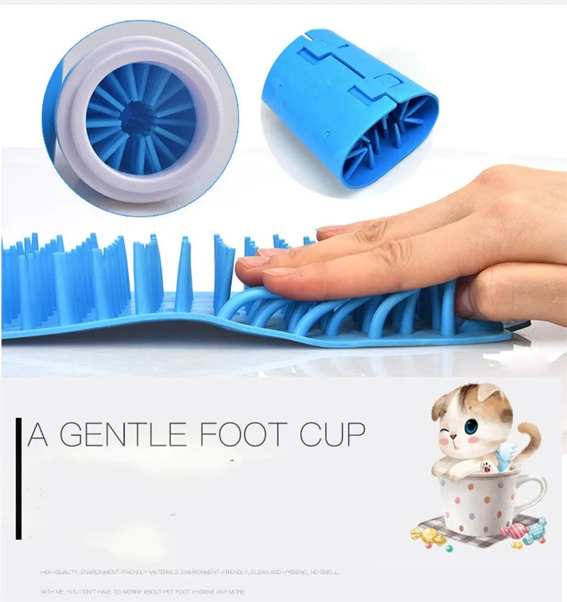 Blue silicone dog paw cleaner cup with soft bristles and easy-grip design on a white surface