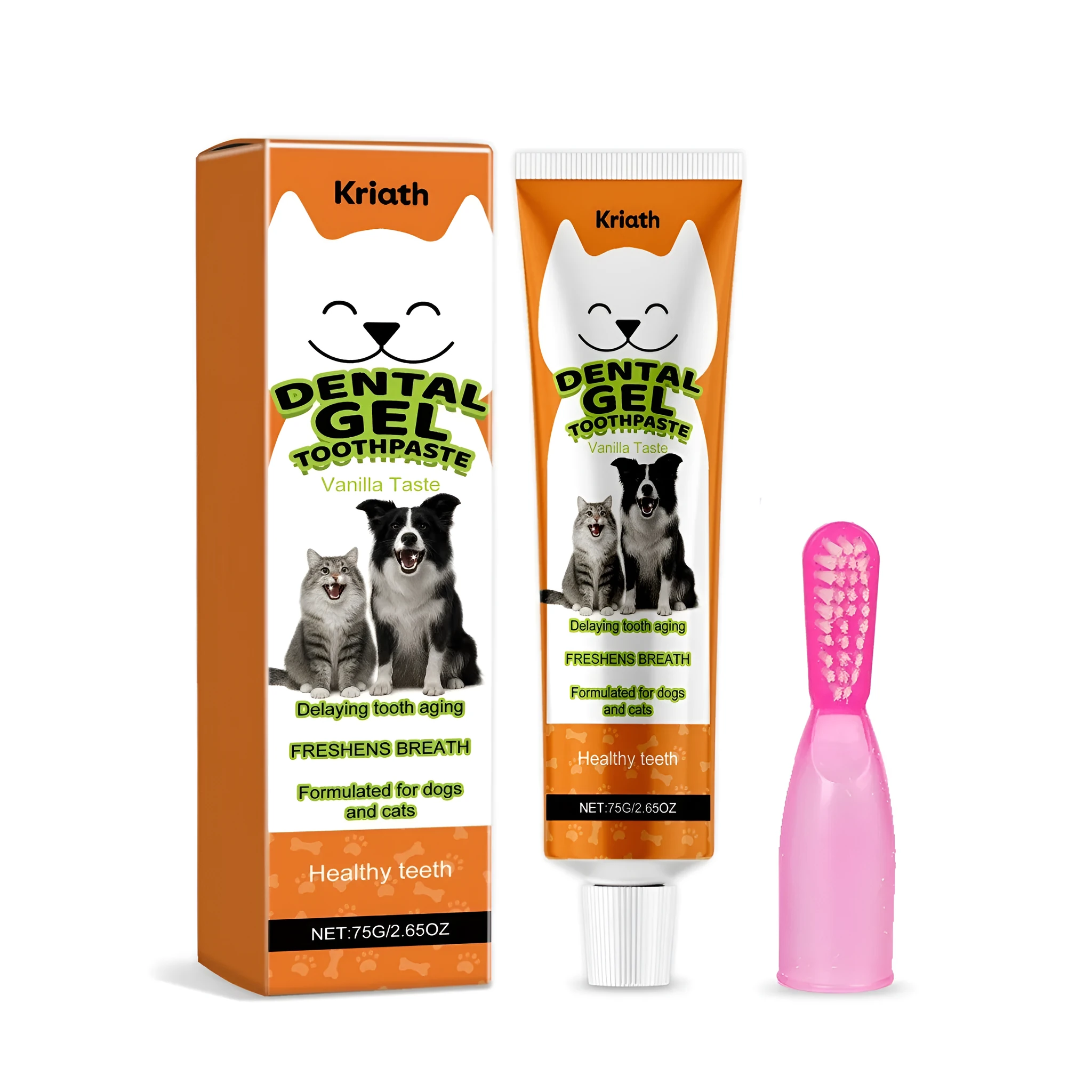 Vanilla-flavoured pet toothpaste tube and toothbrush on white background for dog and cat dental care