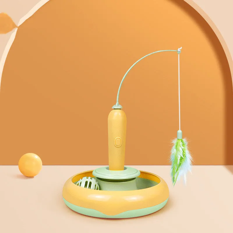 2 in 1 cat turntable toy with feather on plastic track, available in orange-blue and yellow-green colours