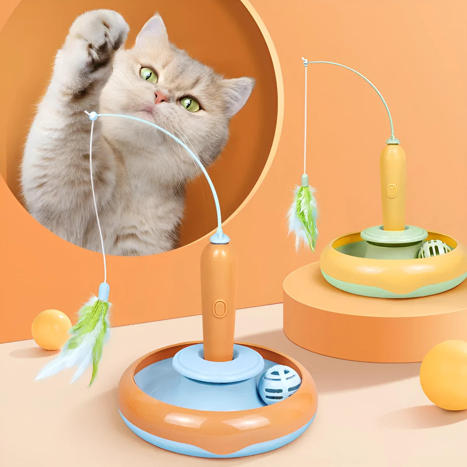 2 in 1 cat turntable toy with feather on plastic track, available in orange-blue and yellow-green colours
