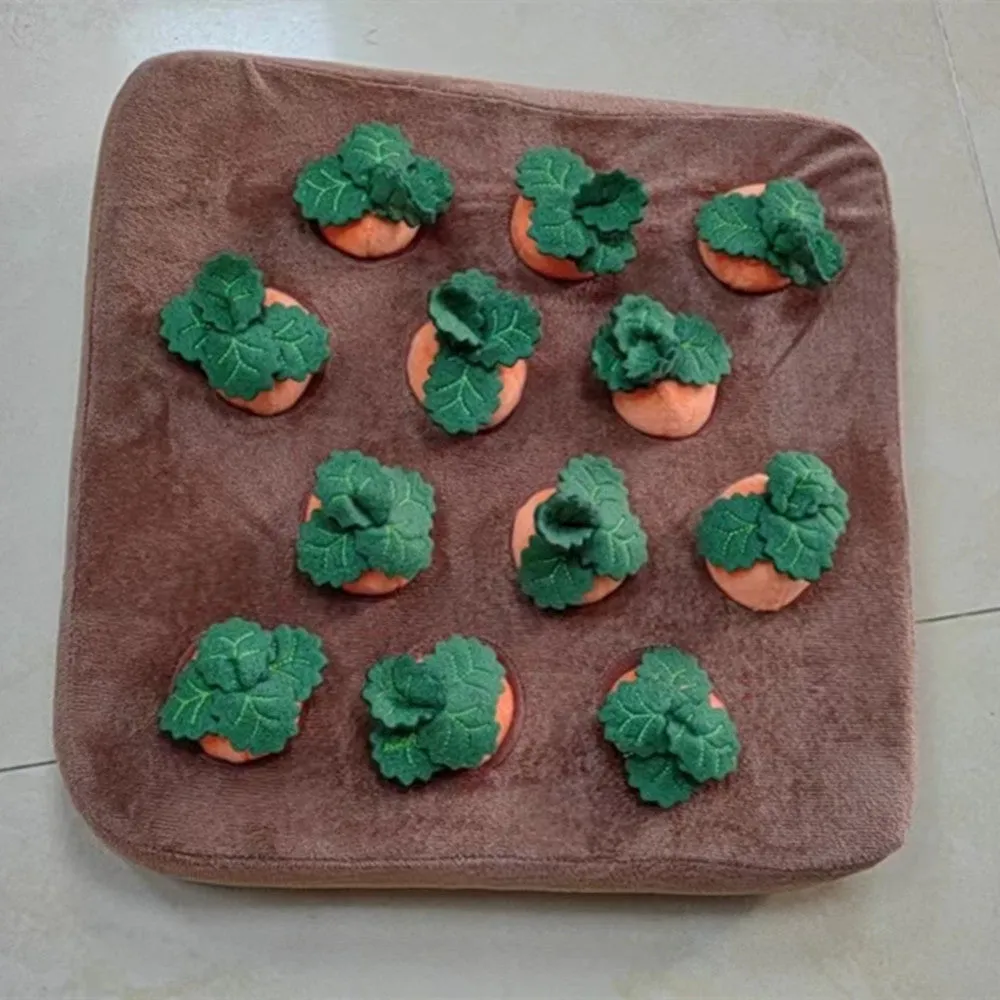 Orange carrot plush toy snuffle mat for dogs and cats with PP cotton filling, 35cm by 35cm, non-slip base