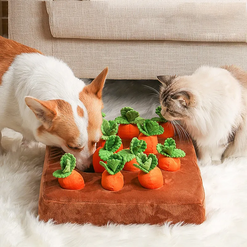 Orange carrot plush toy snuffle mat for dogs and cats with PP cotton filling, 35cm by 35cm, non-slip base