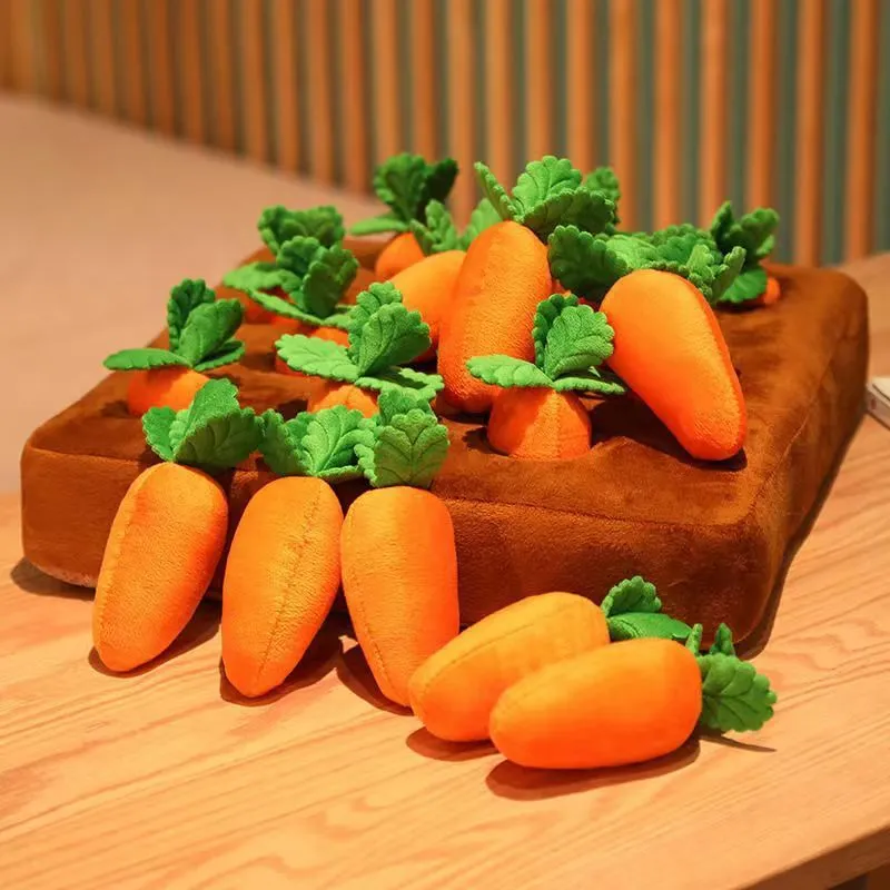 Orange carrot plush toy snuffle mat for dogs and cats with PP cotton filling, 35cm by 35cm, non-slip base