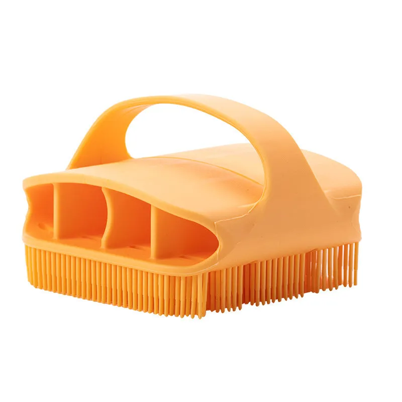 Blue silicone scalp massager brush with long bristles and a hand-through ergonomic handle.