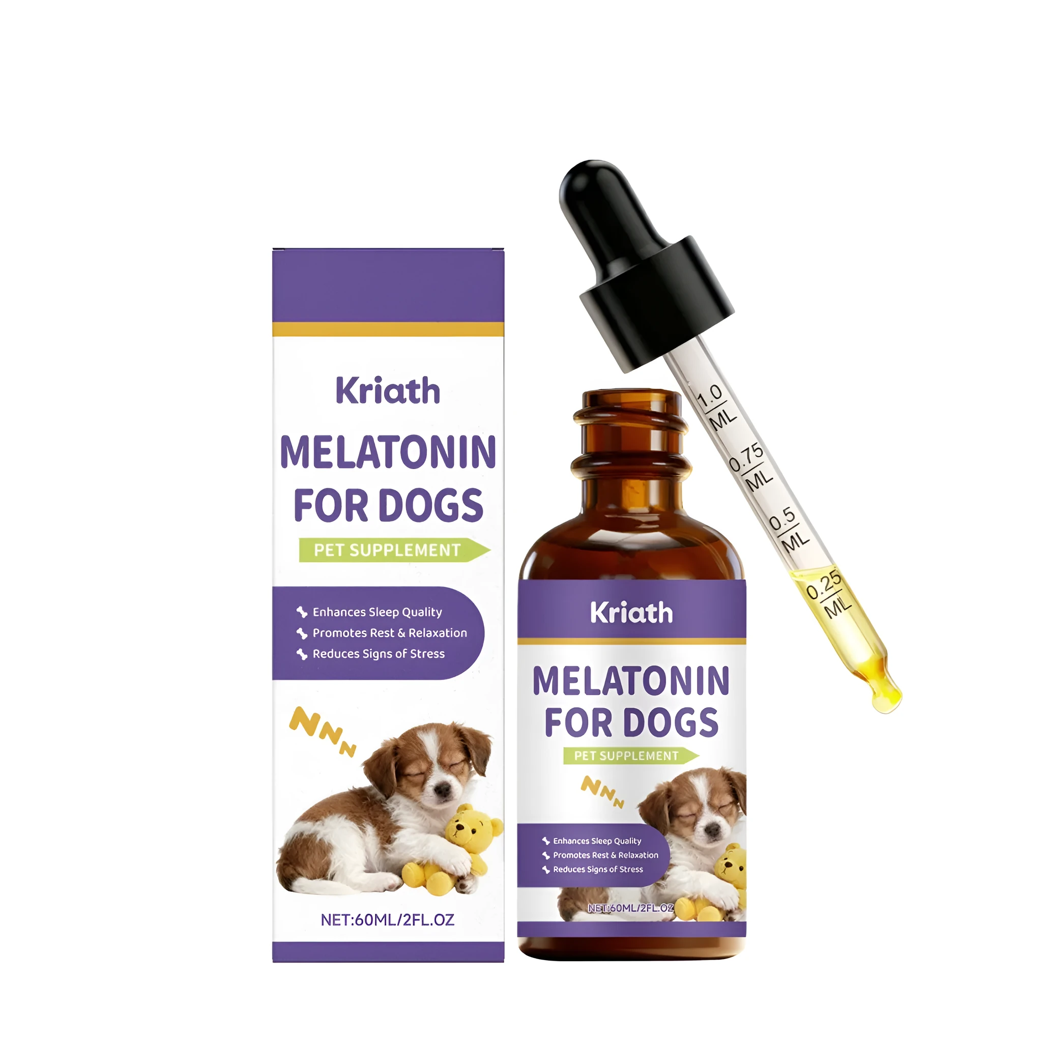 Dog melatonin drops 60ml calming supplement with L-theanine chamomile and passion flower