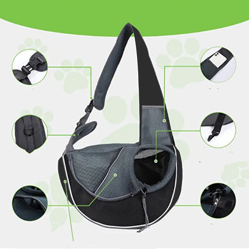 Portable crossbody pet carrier bag for dogs and cats, black, S size, Oxford material, with drawstring closure and zippered bottom