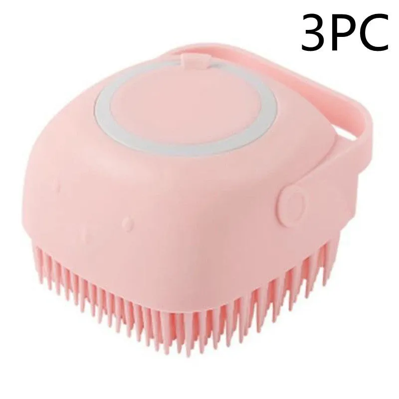 Silicone dog bath massage brush with shampoo dispenser, beige colour, round shape, on white background