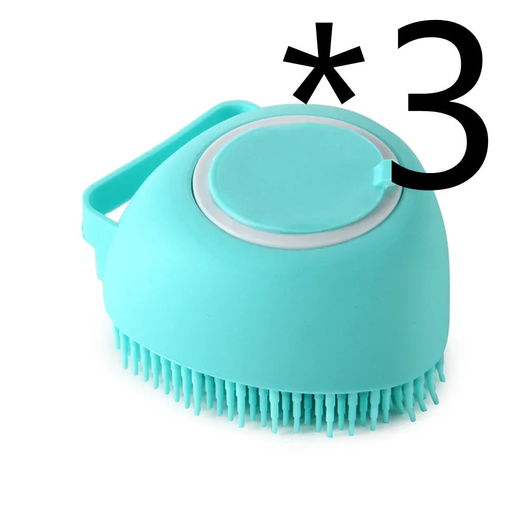 Silicone dog bath massage brush with shampoo dispenser, beige colour, round shape, on white background