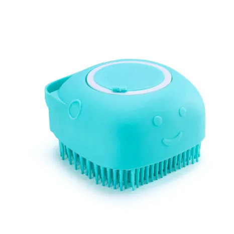 Silicone dog bath massage brush with shampoo dispenser, beige colour, round shape, on white background