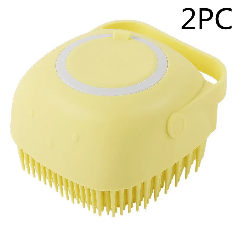 Silicone dog bath massage brush with shampoo dispenser, beige colour, round shape, on white background