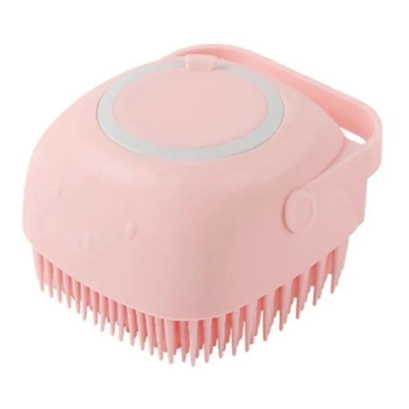 Silicone dog bath massage brush with shampoo dispenser, beige colour, round shape, on white background