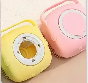 Silicone dog bath massage brush with shampoo dispenser, beige colour, round shape, on white background