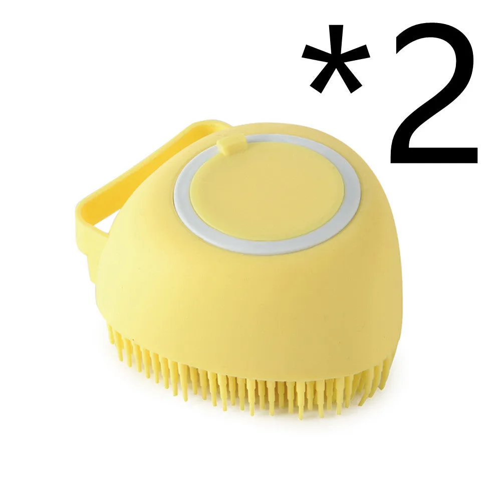 Silicone dog bath massage brush with shampoo dispenser, beige colour, round shape, on white background