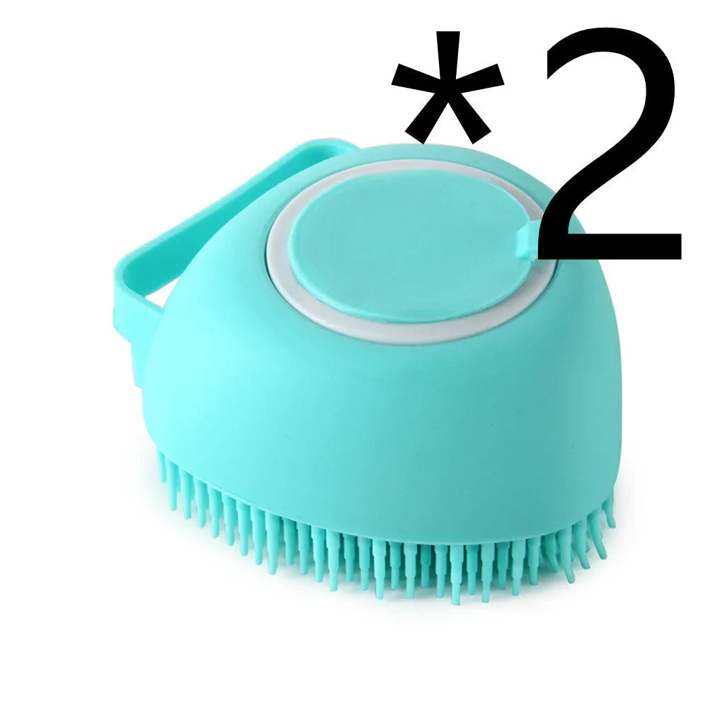 Silicone dog bath massage brush with shampoo dispenser, beige colour, round shape, on white background
