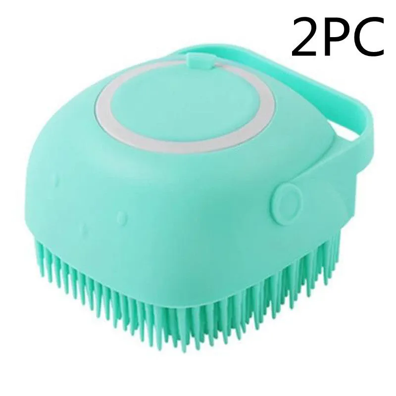 Silicone dog bath massage brush with shampoo dispenser, beige colour, round shape, on white background