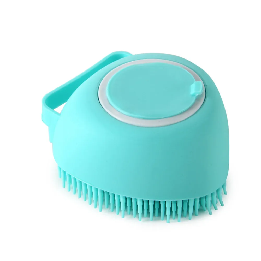 Silicone dog bath massage brush with shampoo dispenser, beige colour, round shape, on white background