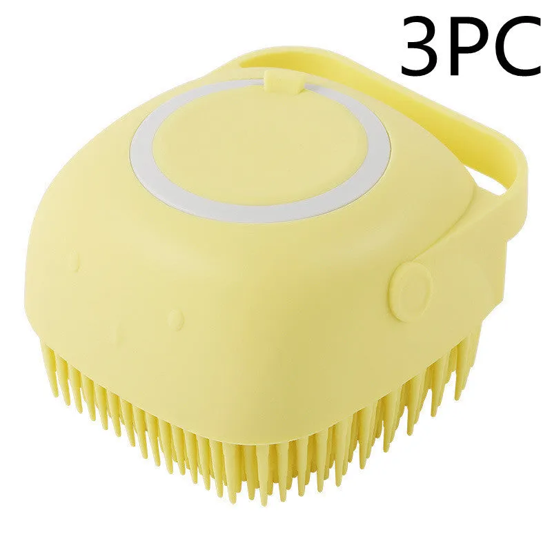 Silicone dog bath massage brush with shampoo dispenser, beige colour, round shape, on white background
