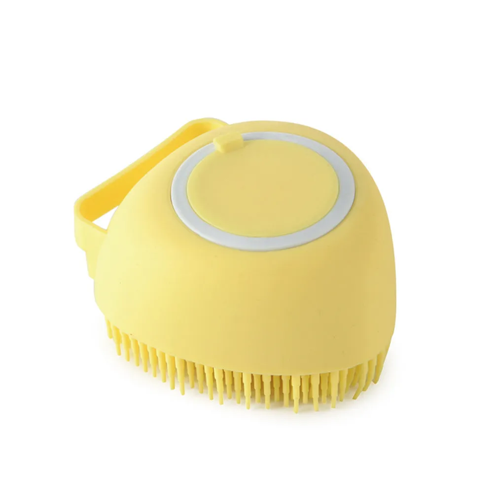 Silicone dog bath massage brush with shampoo dispenser, beige colour, round shape, on white background