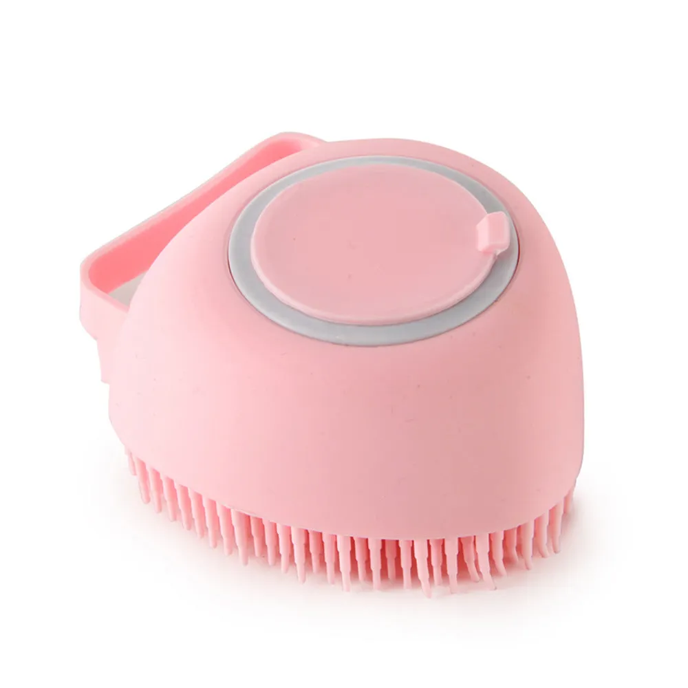 Silicone dog bath massage brush with shampoo dispenser, beige colour, round shape, on white background
