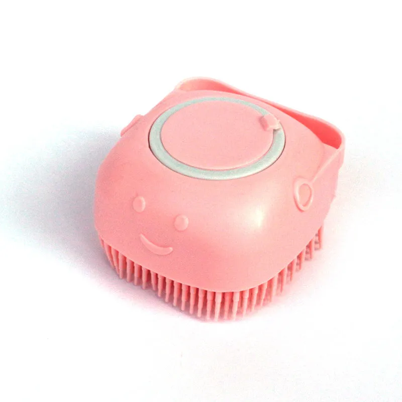 Silicone dog bath massage brush with shampoo dispenser, beige colour, round shape, on white background