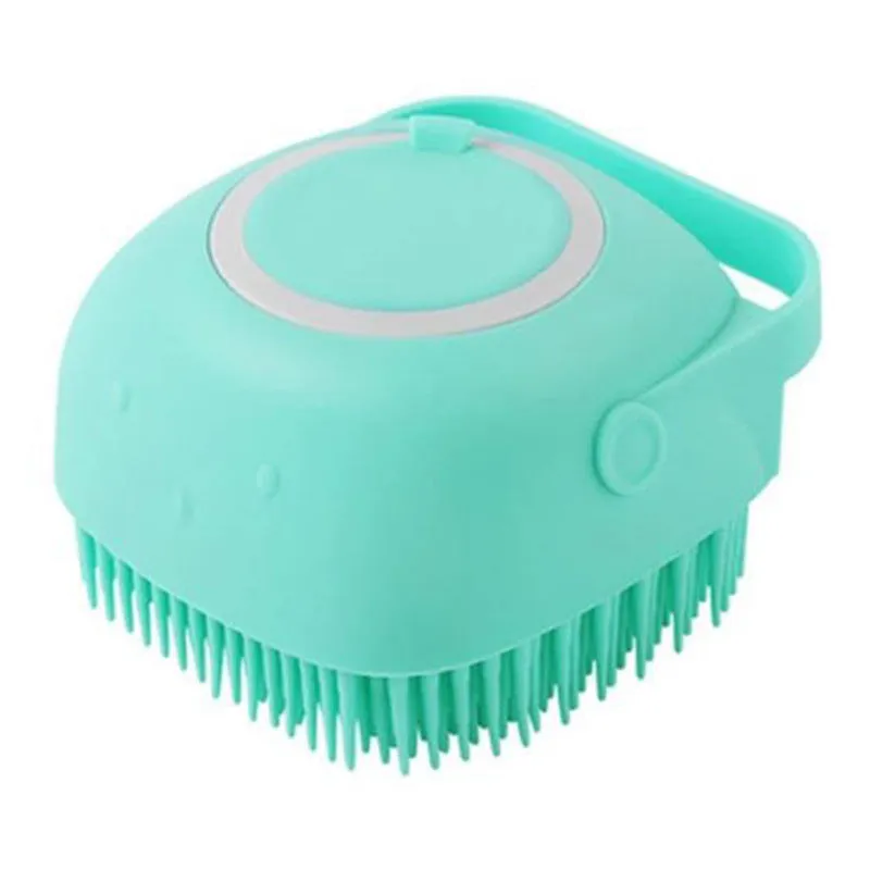 Silicone dog bath massage brush with shampoo dispenser, beige colour, round shape, on white background