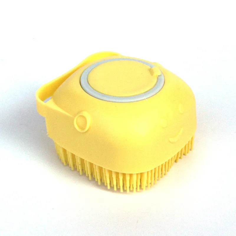 Silicone dog bath massage brush with shampoo dispenser, beige colour, round shape, on white background