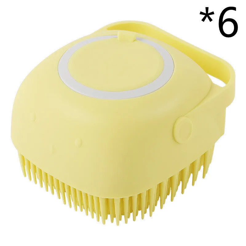 Silicone dog bath massage brush with shampoo dispenser, beige colour, round shape, on white background