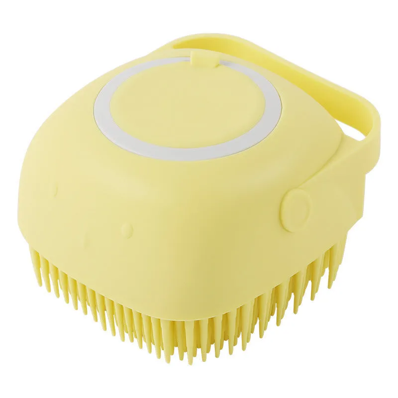 Silicone dog bath massage brush with shampoo dispenser, beige colour, round shape, on white background