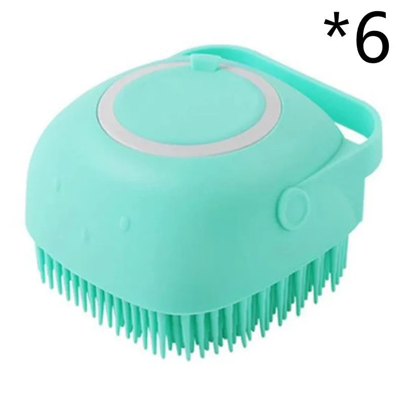 Silicone dog bath massage brush with shampoo dispenser, beige colour, round shape, on white background