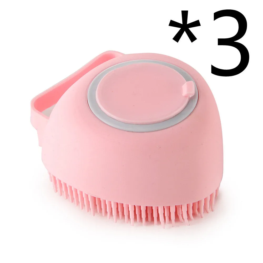 Silicone dog bath massage brush with shampoo dispenser, beige colour, round shape, on white background