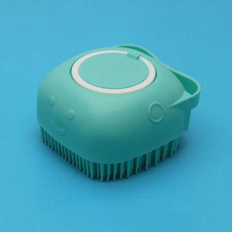 Silicone dog bath massage brush with shampoo dispenser, beige colour, round shape, on white background