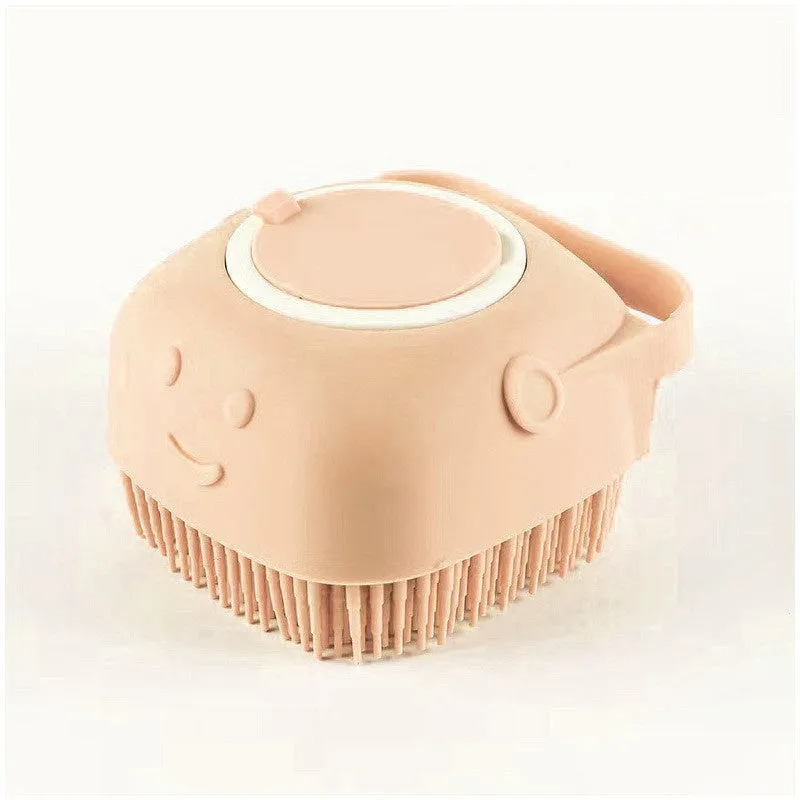 Silicone dog bath massage brush with shampoo dispenser, beige colour, round shape, on white background