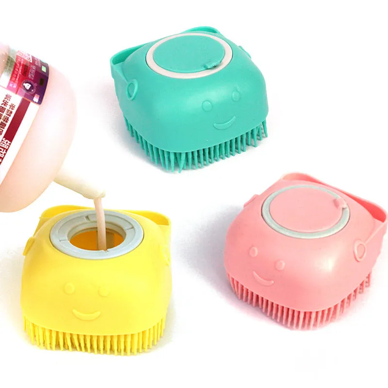 Silicone dog bath massage brush with shampoo dispenser, beige colour, round shape, on white background