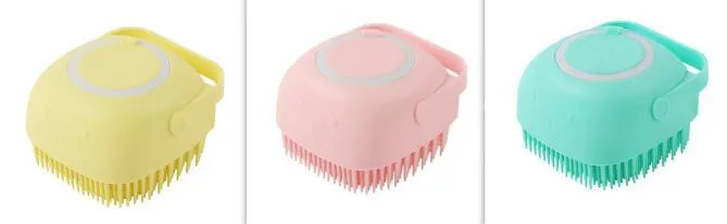 Silicone dog bath massage brush with shampoo dispenser, beige colour, round shape, on white background