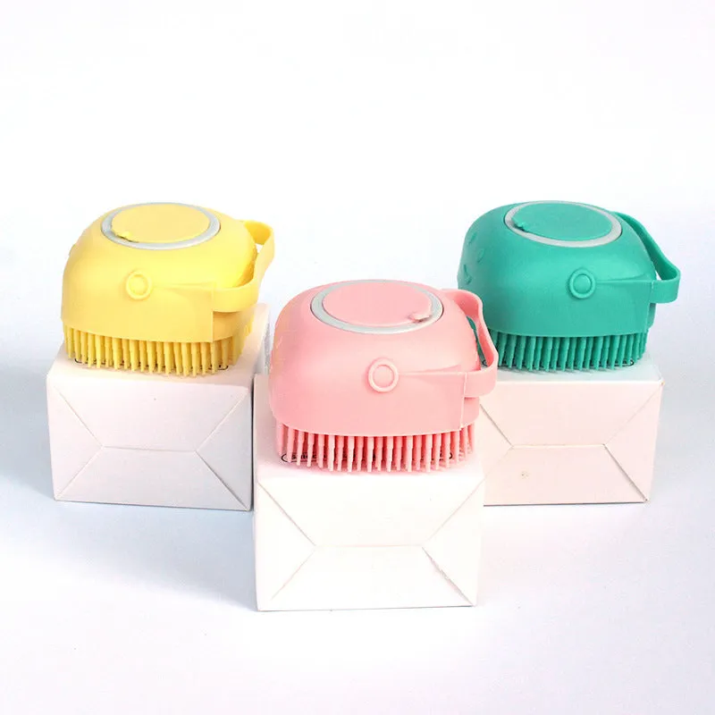 Silicone dog bath massage brush with shampoo dispenser, beige colour, round shape, on white background