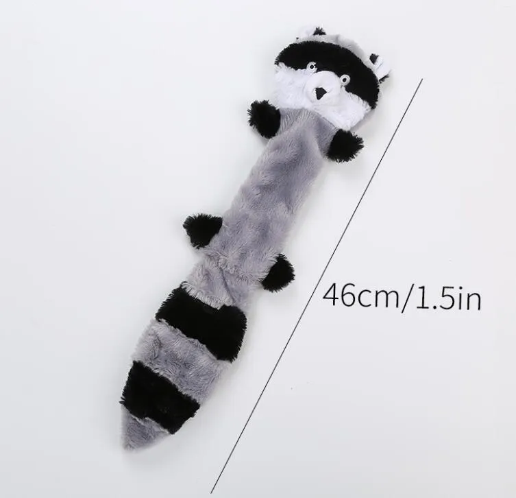 Set of three Peltz unstuffed squeaky dog toys - fox, raccoon, and squirrel - 18 inches long on white background