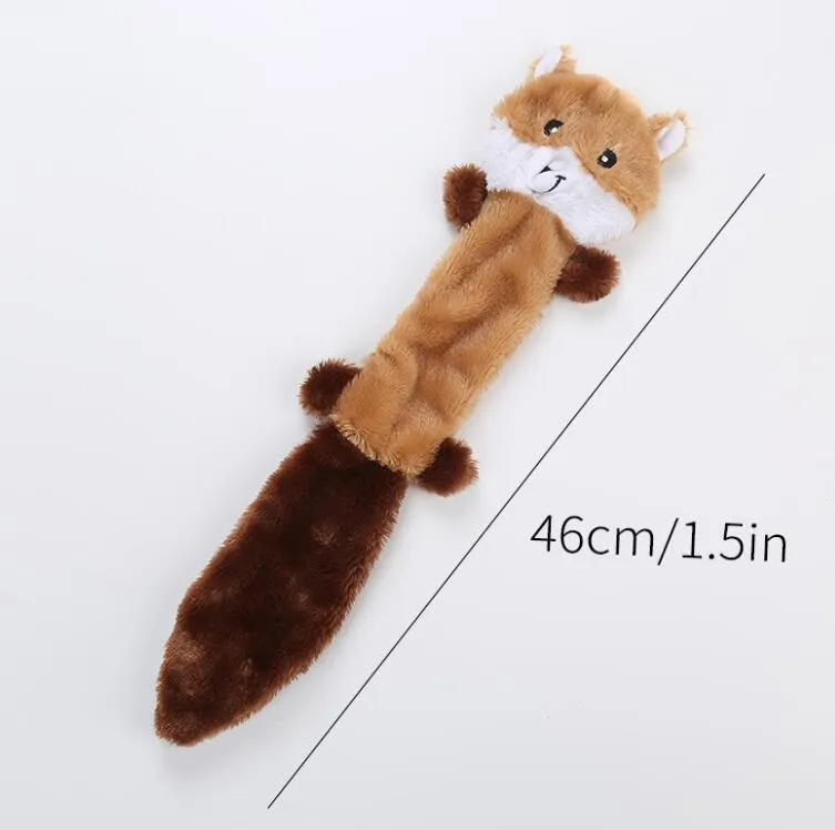Set of three Peltz unstuffed squeaky dog toys - fox, raccoon, and squirrel - 18 inches long on white background