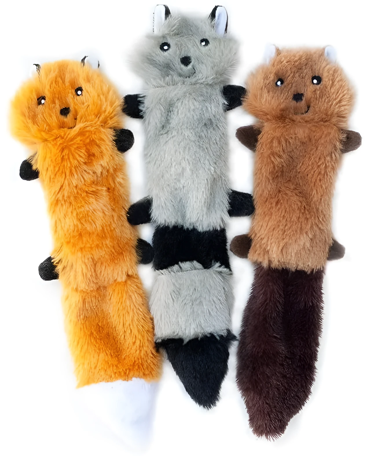 Set of three Peltz unstuffed squeaky dog toys - fox, raccoon, and squirrel - 18 inches long on white background
