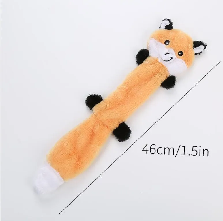 Set of three Peltz unstuffed squeaky dog toys - fox, raccoon, and squirrel - 18 inches long on white background