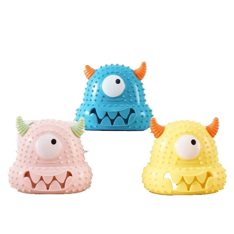 Little monster vocal dog toy in blue with exaggerated eyes, horns, and teeth; made of bite-resistant silicone.